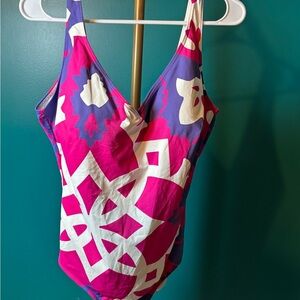 Kuny Barcelona Pink White and Purple One Piece Swimsuit with Geometric Design